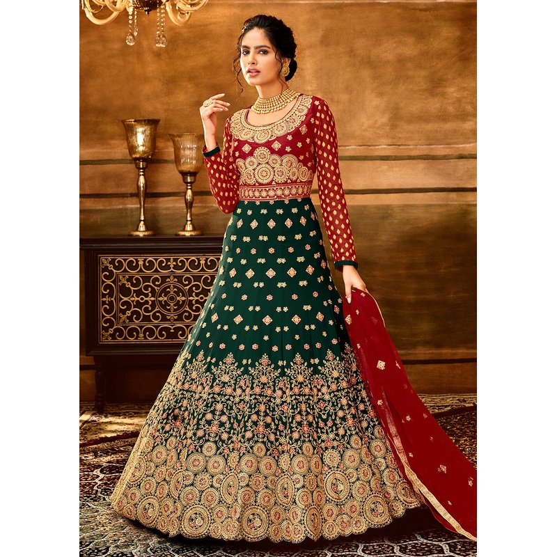 Trendy Red & Dark Green Embroidered Wedding Anarkali Gown