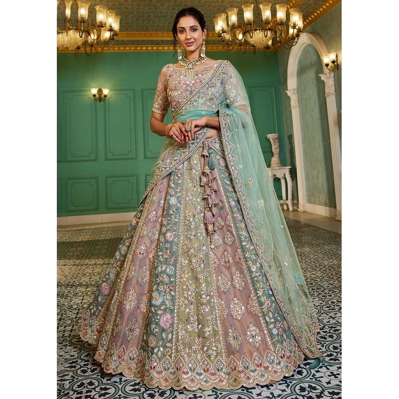 Turquoise Bridal Net Embroidered Reception Lehenga Choli