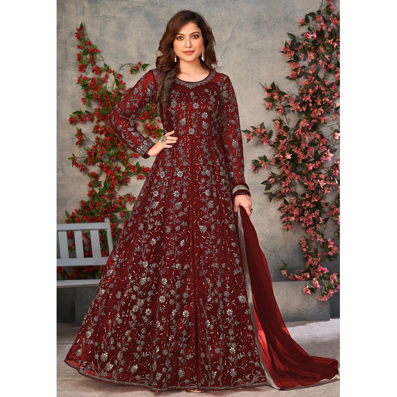 Vintage Maroon Wedding Function Pant Style Anarkali Suit