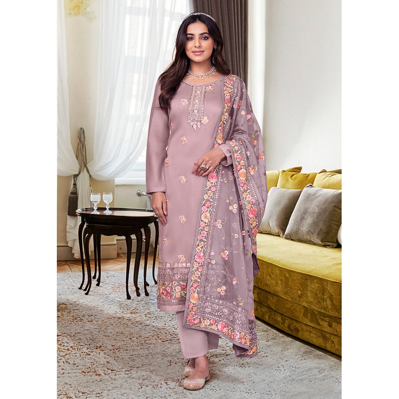 Viscose Silk Old Rose Purple Embroidered Salwar Kameez