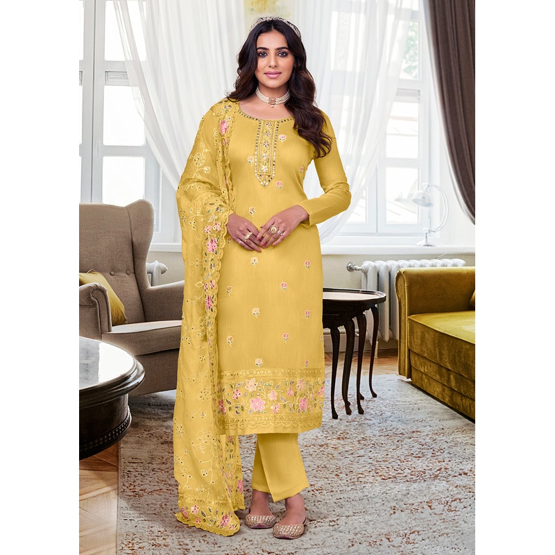 Viscose Silk Stunning Yellow Embroidered Salwar Kameez