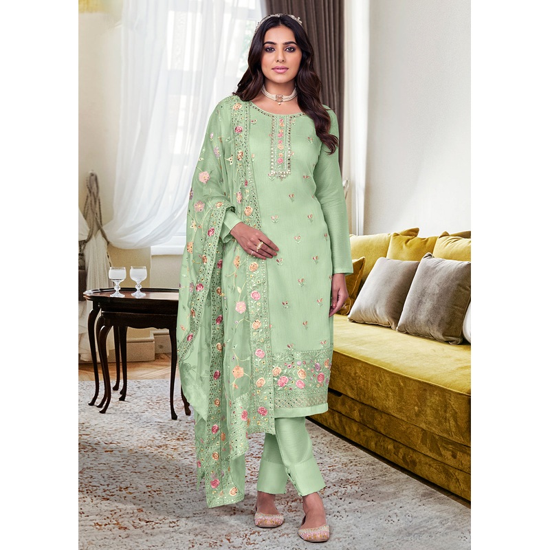 Viscose Silk Winsome Green Embroidered Salwar Kameez