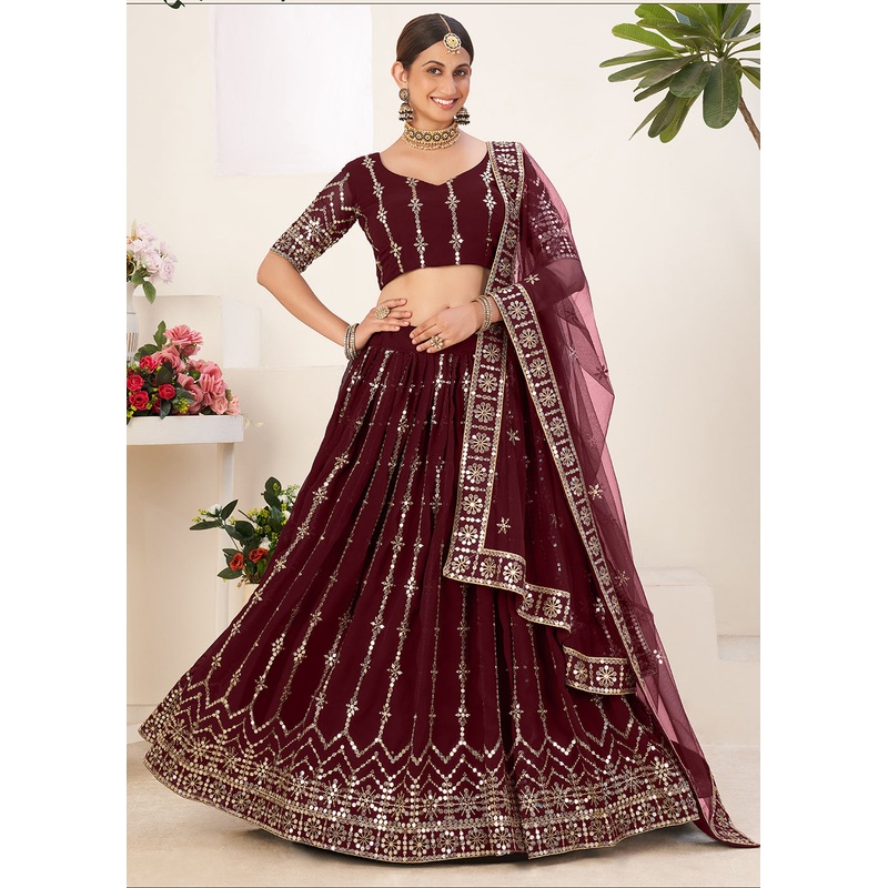 Warmful Maroon Bordered Sequins Sangeet Wear Lehenga Choli
