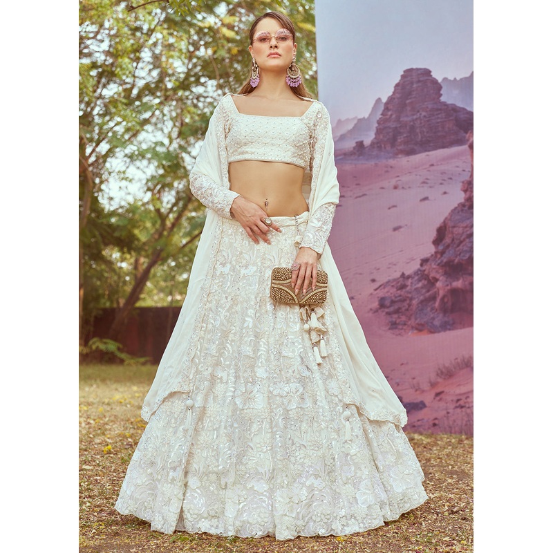 Wedding Cream Georgette Embroidered Designer Lehenga Choli