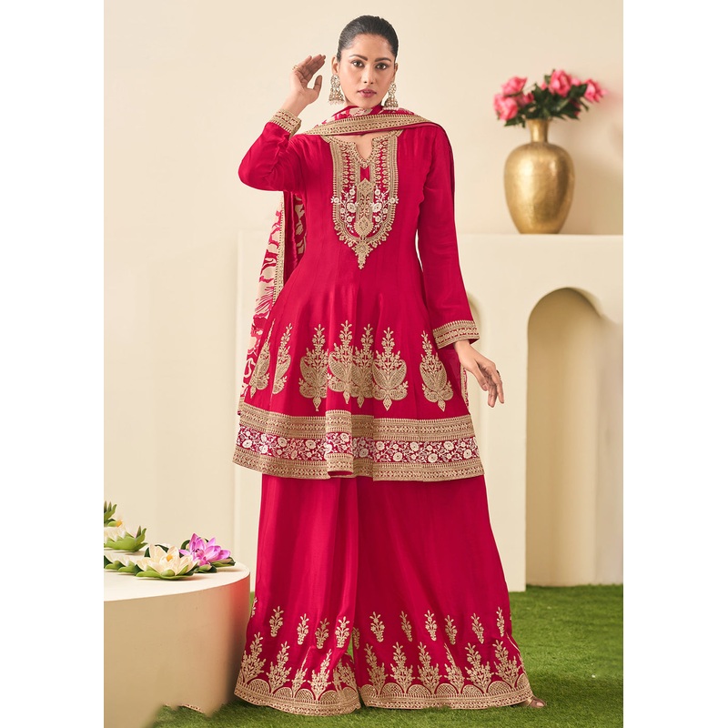Wedding Festive Hot Pink Embroidered Palazzo Suit