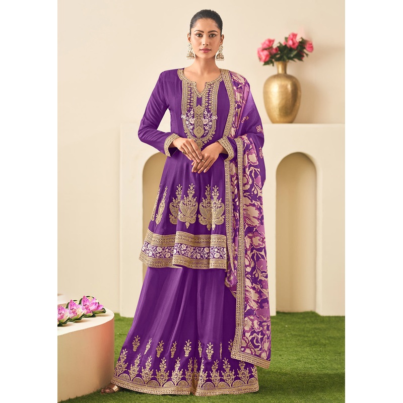 Wedding Festive Purple Embroidered Palazzo Suit