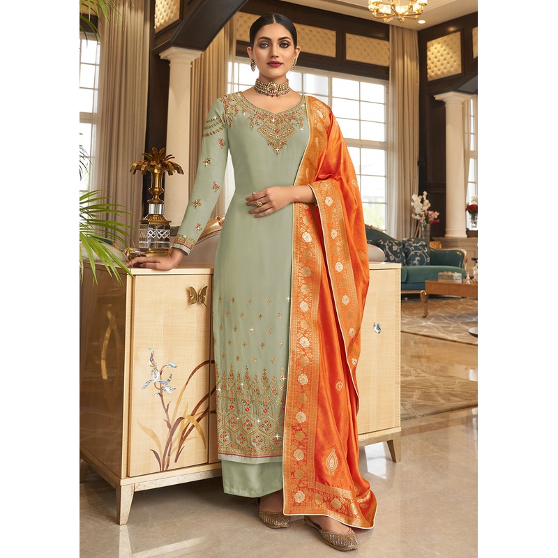 Wedding Party Fabulous Sage Green Thread & Zari Salwar Suit