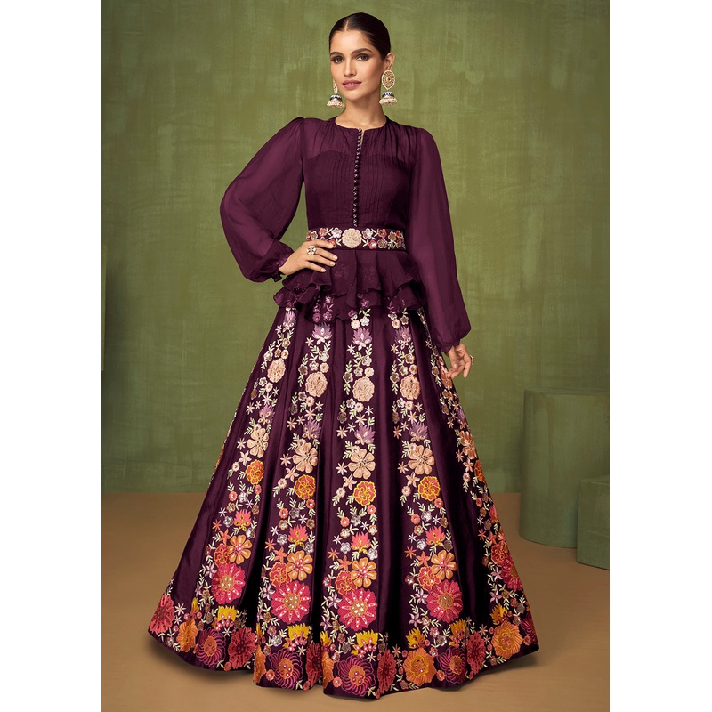 Wedding Party Plum Purple Bridesmaid Peplum Anarkali Style Skirt
