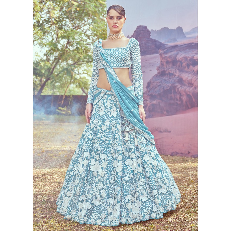 Wedding Turquoise Georgette Embroidered Designer Lehenga Choli