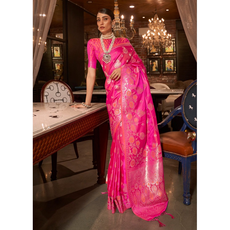 Wild Strawberry Pink Fascinating Zari Weaving Banarasi Silk Saree