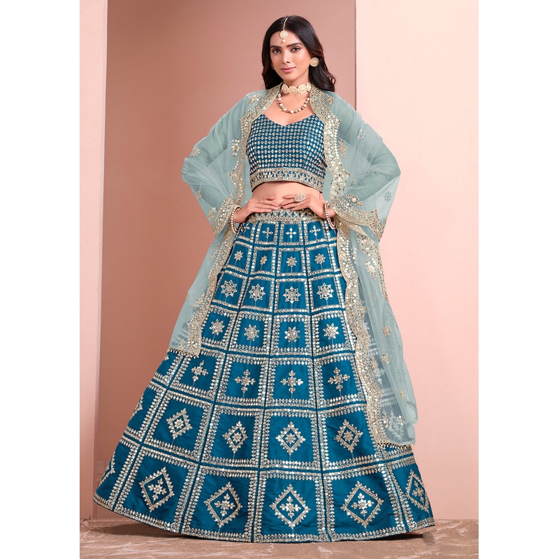 A Line Blue Embroidered Art Silk Festive Lehenga Choli