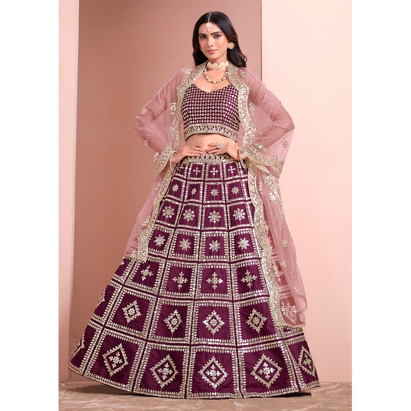 A Line Purple Embroidered Art Silk Festive Lehenga Choli