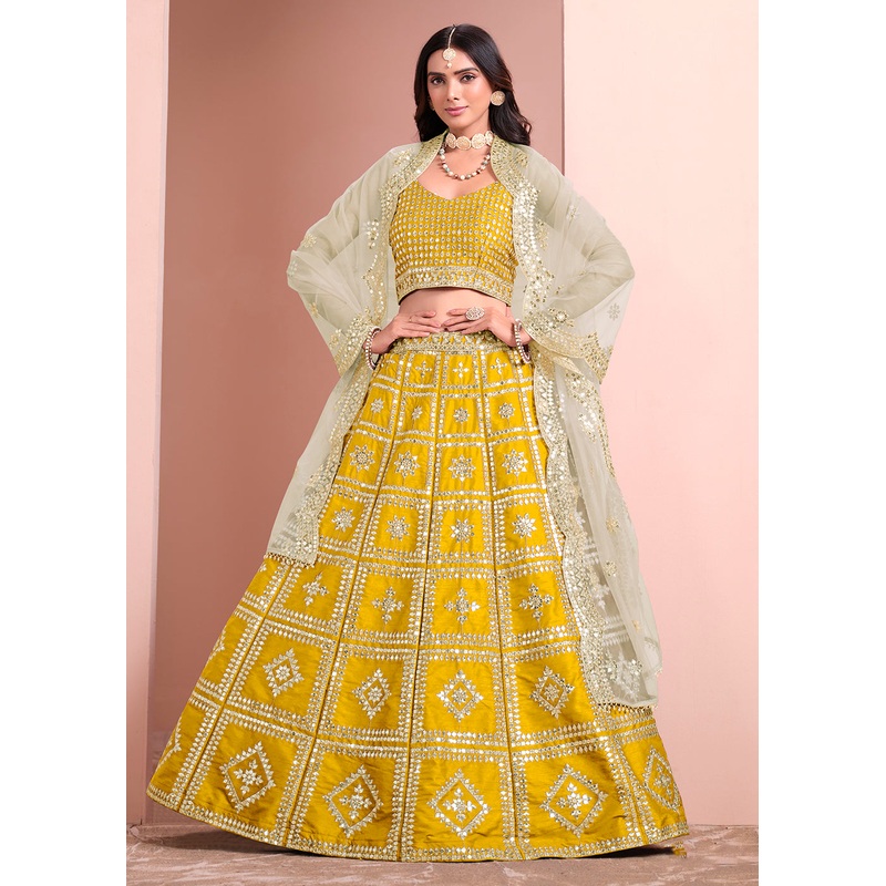 A Line Yellow Embroidered Art Silk Festive Lehenga Choli