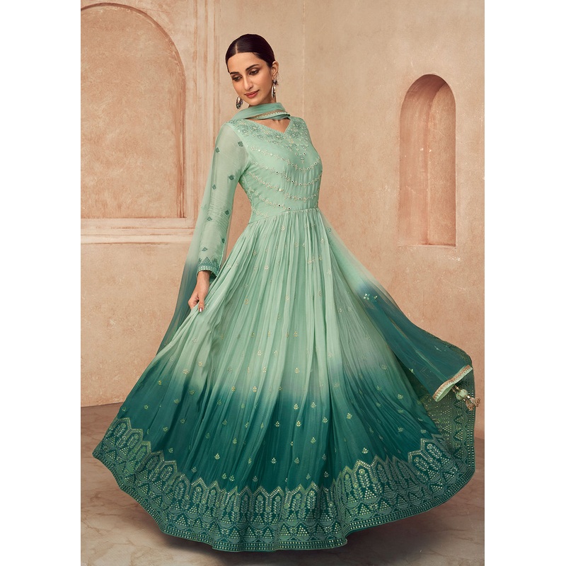 Aqua Green Shaded Georgette Embroidered Wedding Anarkali Gown