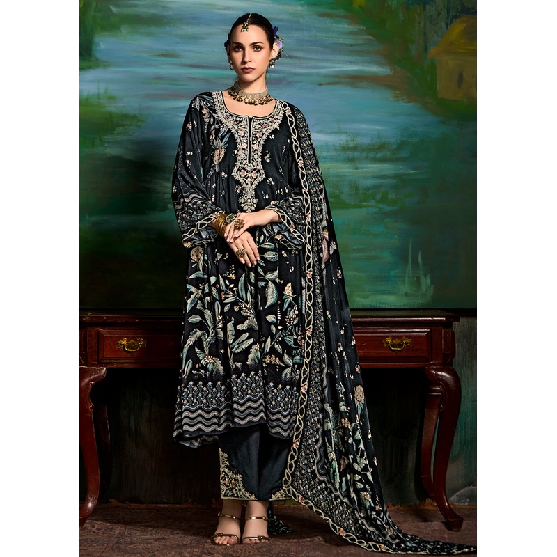 Black Embroidered Muslin Festive Style Salwar Suit