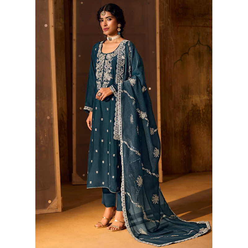 Blue Bamberg Silk Embroidered Eid Style Salwar Suit