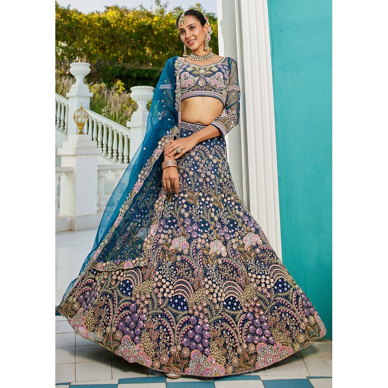 Blue Cording & Sequins Embroidered Net Lehenga Choli