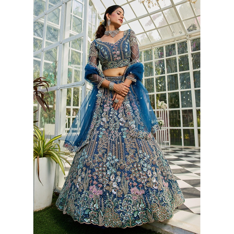 Blue Cording & Zarkan Embroidered Net Lehenga Choli