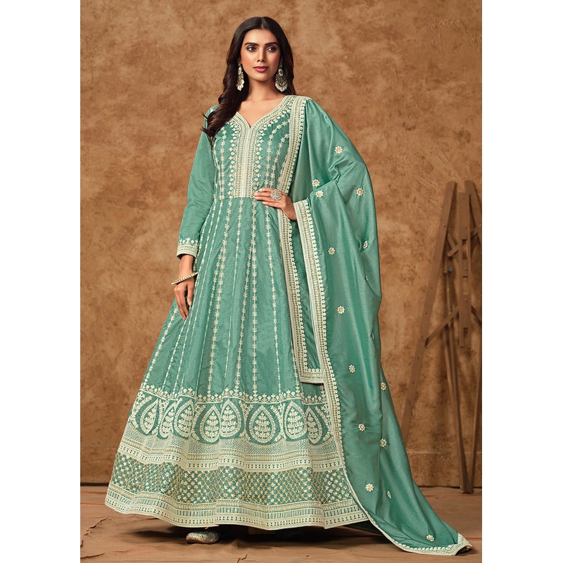 Blue Dola Silk Embroidered Eid Style Anarkali Suit