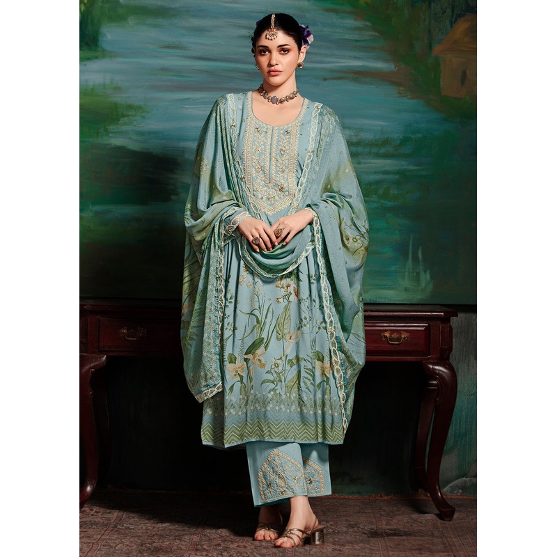 Blue Embroidered Muslin Festive Style Salwar Suit