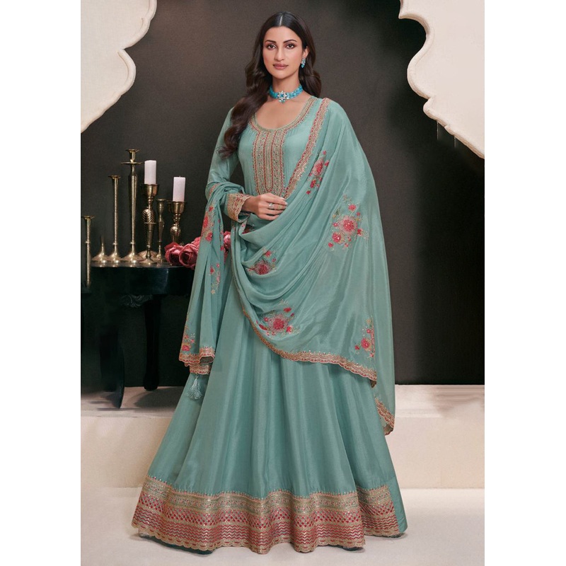 Blue Moonga Silk Embroidered Eid Style Anarkali Suit