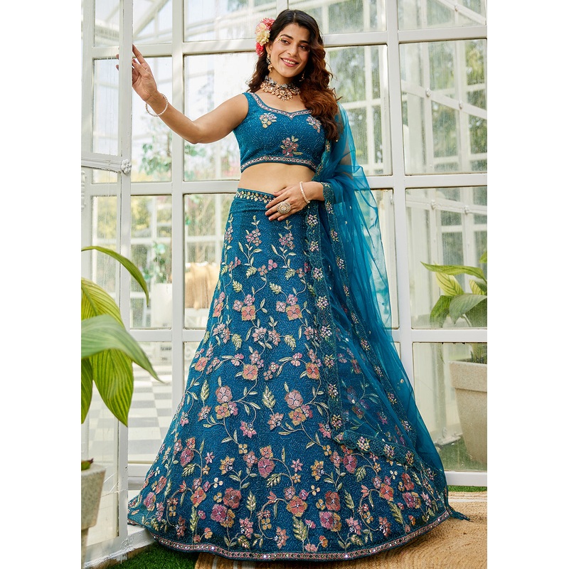 Blue Net Embroidered Wedding Style Lehenga Choli