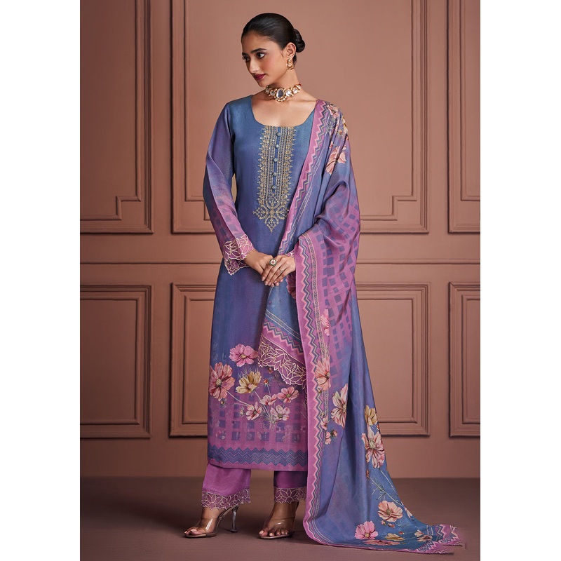 Blue & Pink Muslin Festive Style Salwar Suit