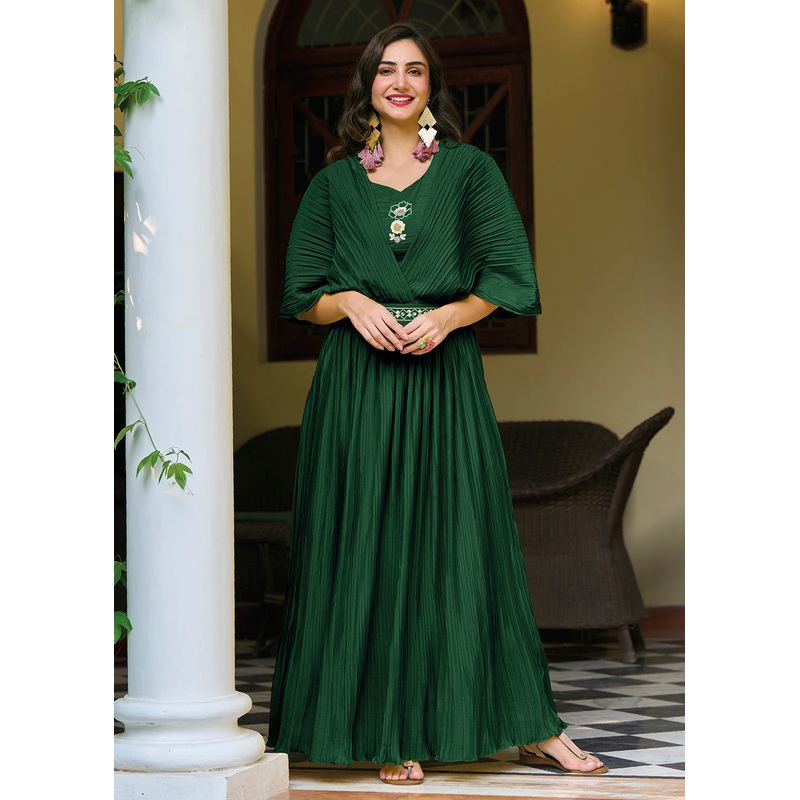 Bottle Green Chinon Party Wear Crushed Gown