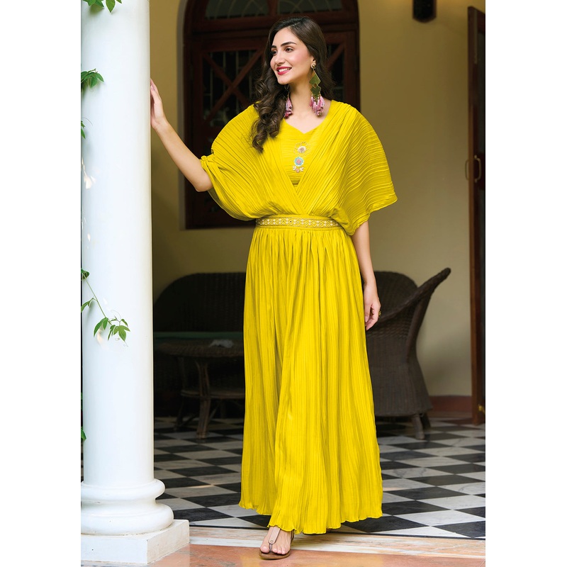 Bright Yellow Chinon Party Wear Crushed Gown