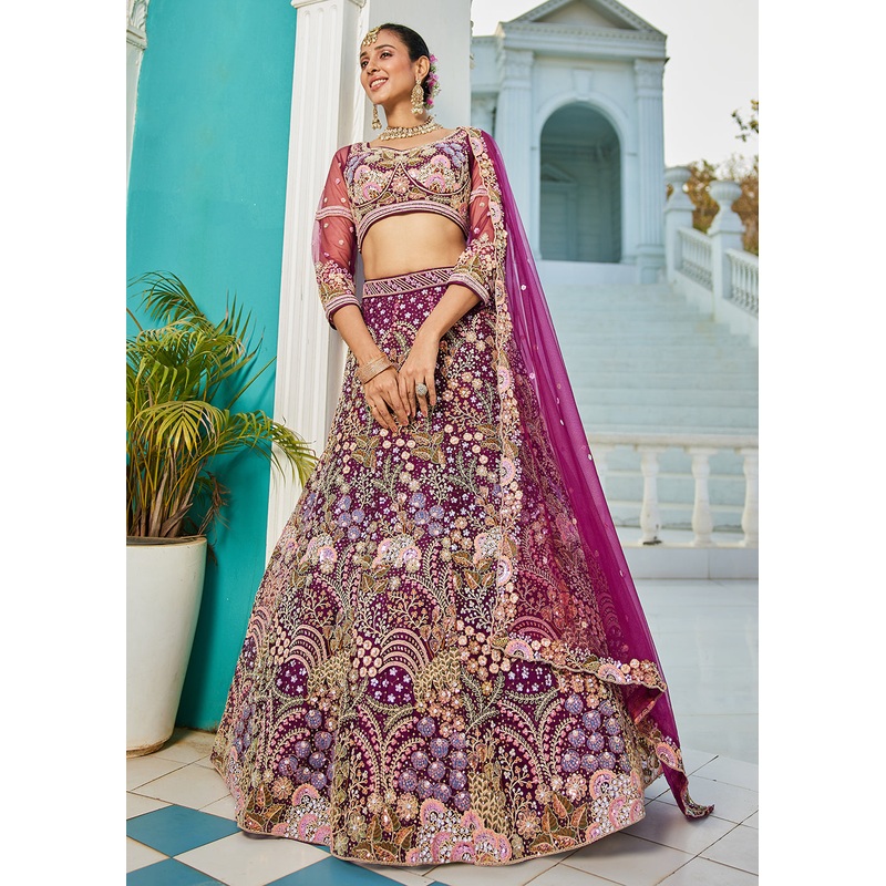 Burgundy Cording & Sequins Embroidered Net Lehenga Choli