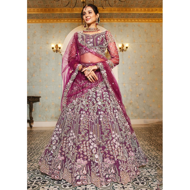Burgundy Cording & Zarkan Embroidered Net Lehenga Choli