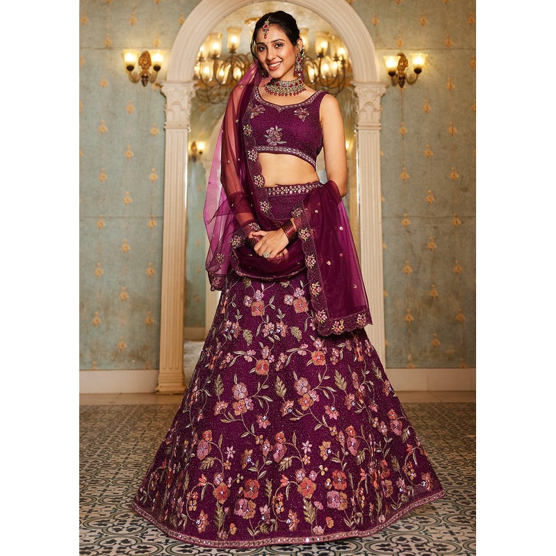 Burgundy Net Embroidered Wedding Style Lehenga Choli