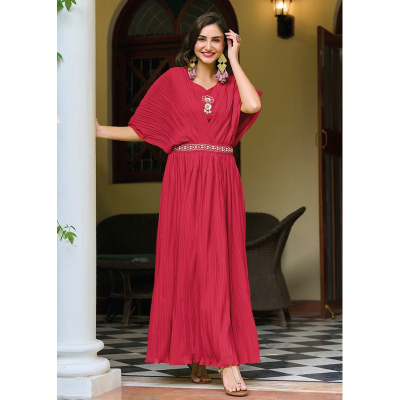 Cherry Red Chinon Party Wear Crushed Gown