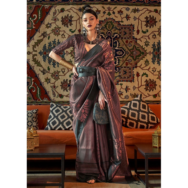 Classic Black Blended Woven Zari Brocade Silk Saree