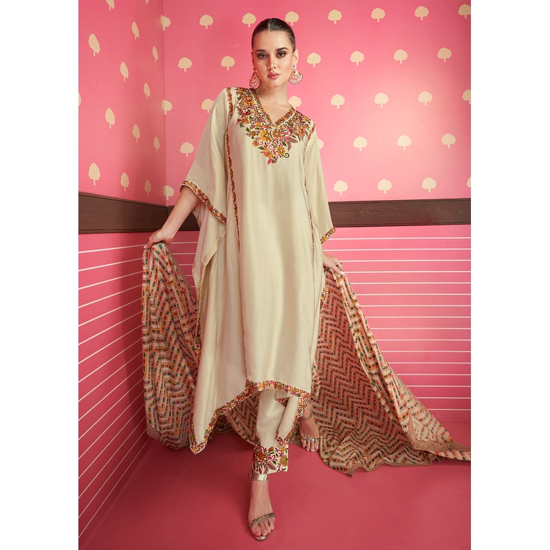 Cream Beige Silk Satin Kaftan Style Chinon Pant Style Suit