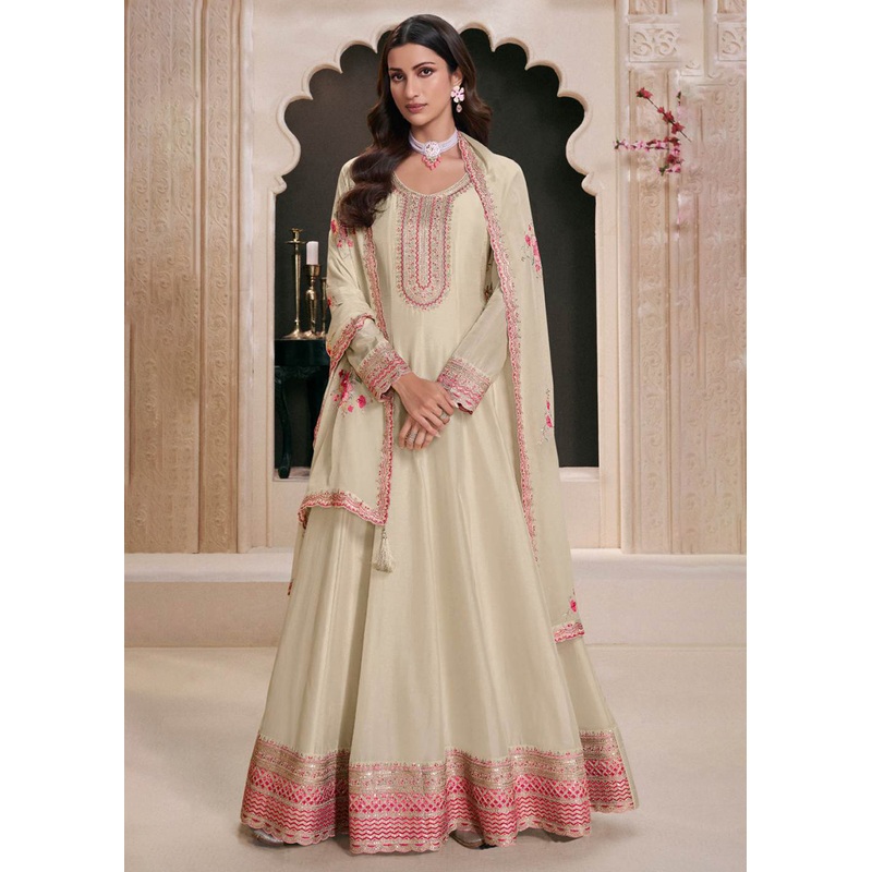Cream Moonga Silk Embroidered Eid Style Anarkali Suit