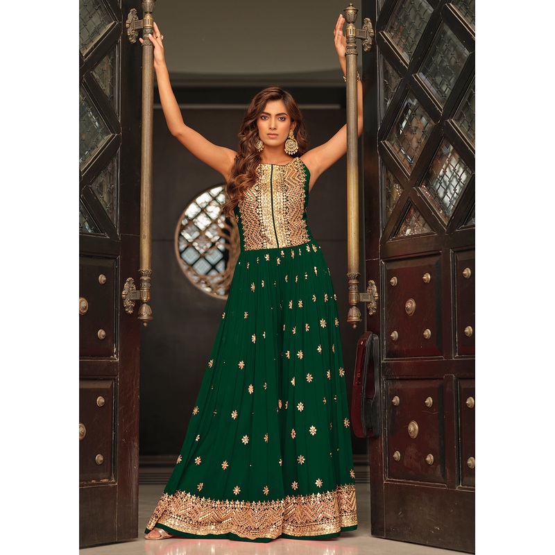 Dark Green Indo-Western Embroidered Chinon Jumpsuit