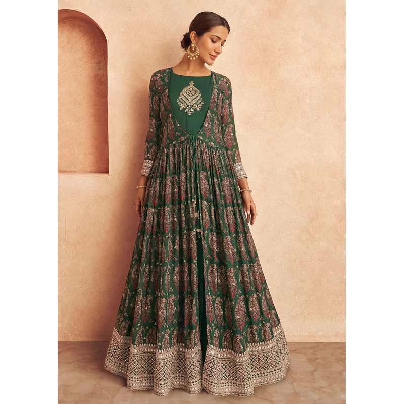 Dark Green Jacket Style Chinon Embroidered Wedding Anarkali Gown