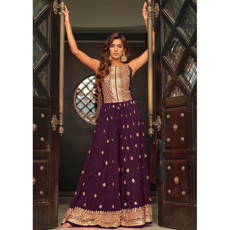 Dark Purple Indo-Western Embroidered Chinon Jumpsuit