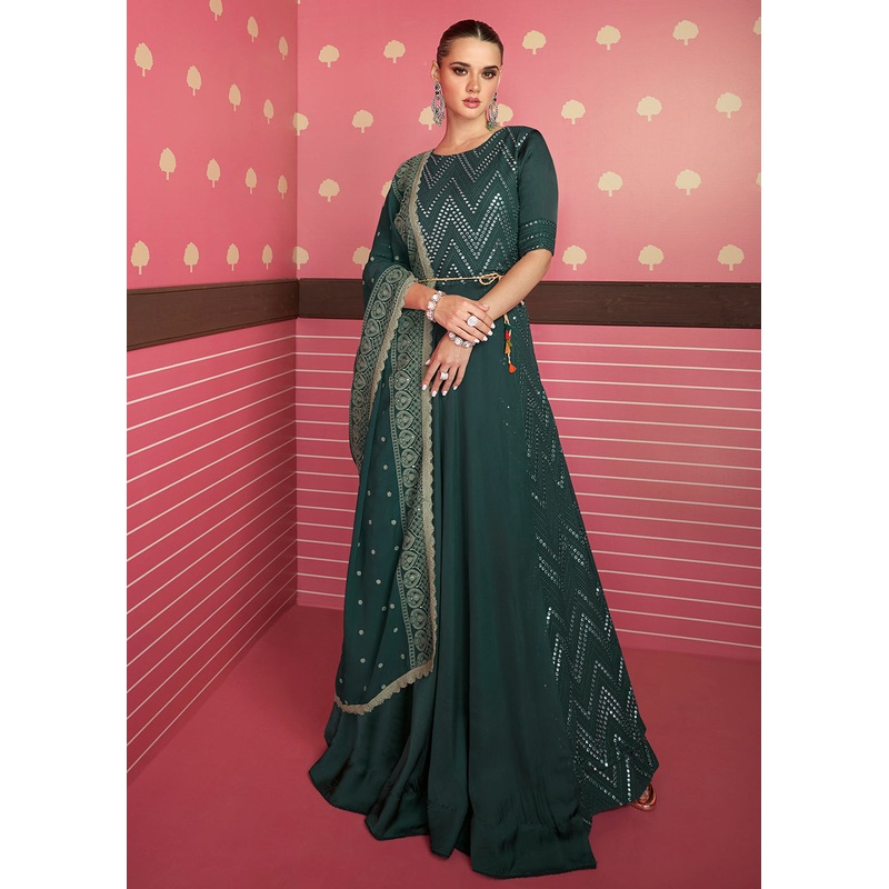Deep Green Two Layer Lucknowi Embroidered Bridesmaid Anarkali Gown