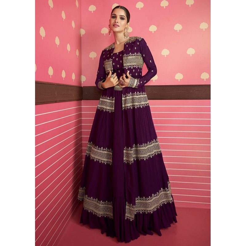 Deep Wine Georgette Party Wear Lehenga Choli with Jacket