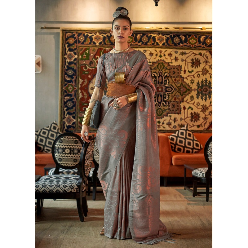 Enticing Grey Blended Woven Zari Brocade Silk Saree