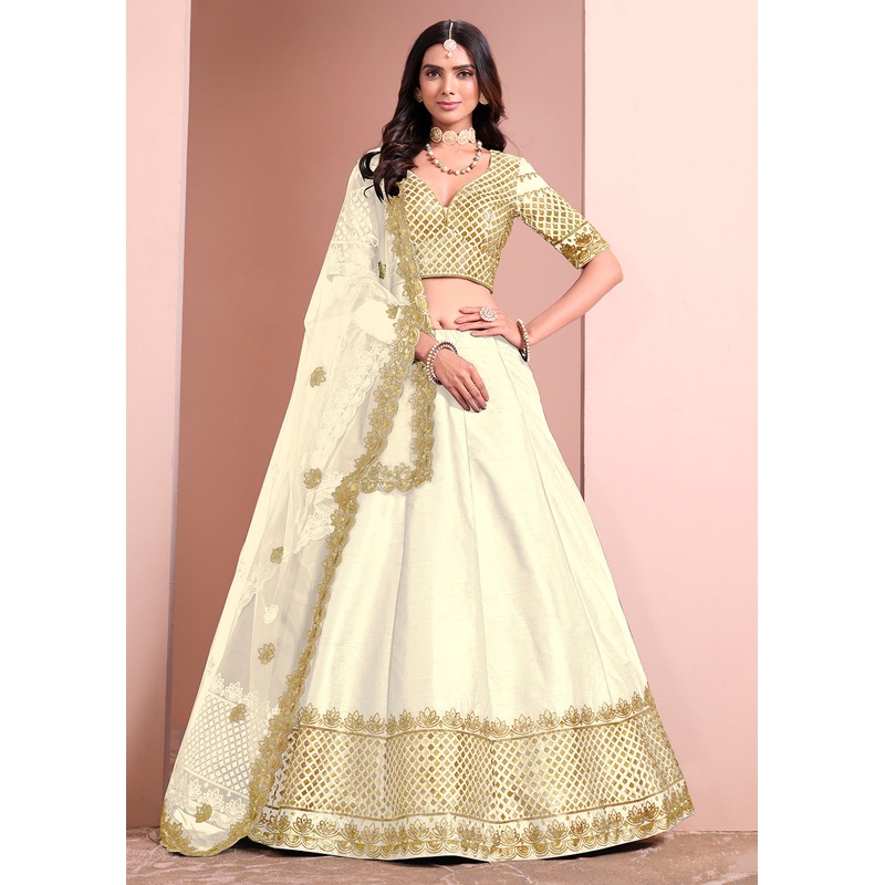 Festive Art Silk Cream Color Embroidered Lehenga Choli