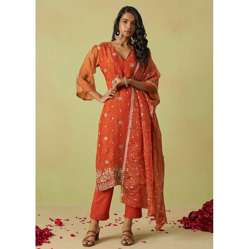 Festive Wear Orange Pure Shimmer Organza Salwar Suit