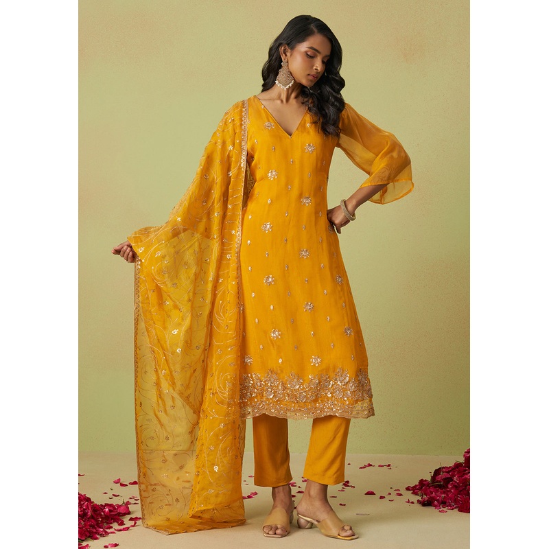 Festive Wear Yellow Pure Shimmer Organza Salwar Suit