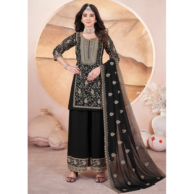Georgette Black Sequins Embroidered Festive Palazzo Suit