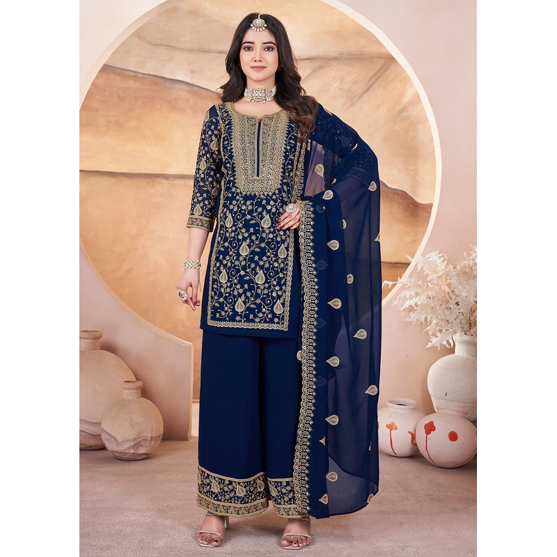 Georgette Blue Sequins Embroidered Festive Palazzo Suit