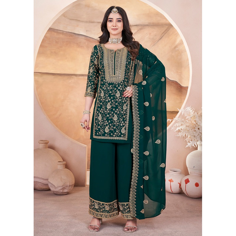 Georgette Green Sequins Embroidered Festive Palazzo Suit