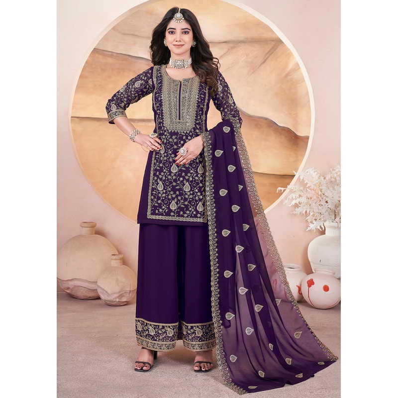 Georgette Purple Sequins Embroidered Festive Palazzo Suit