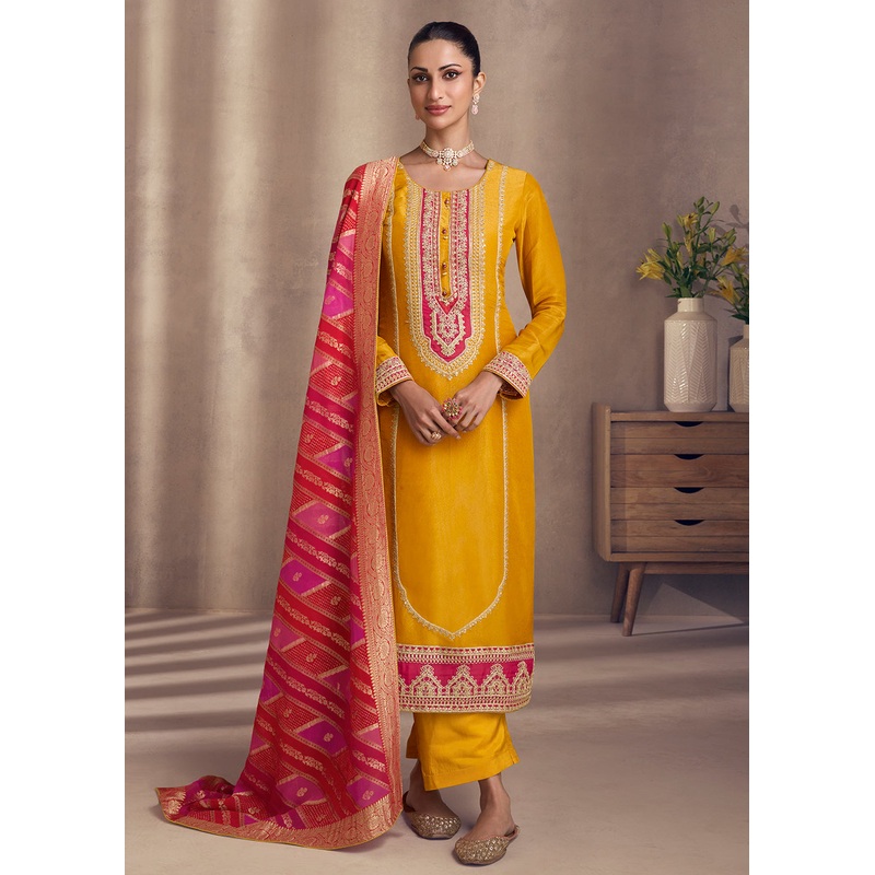 Gold Yellow Shimmer Silk Wedding Festive Salwar Kameez
